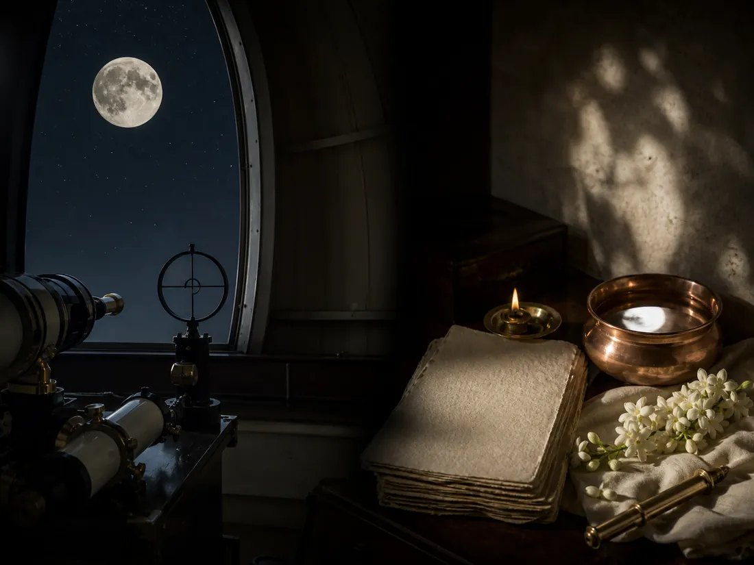 Photorealistic illustration contrasting astronomical observation with a traditional Indian lunar-calendar setting