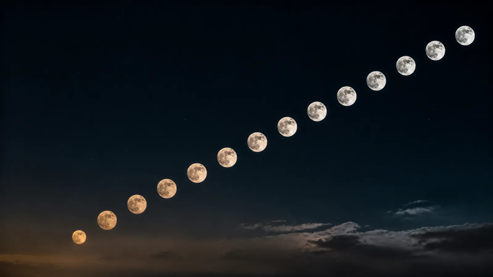 Photorealistic illustration of thirteen full Moons forming a lunar-year rhythm across a night sky