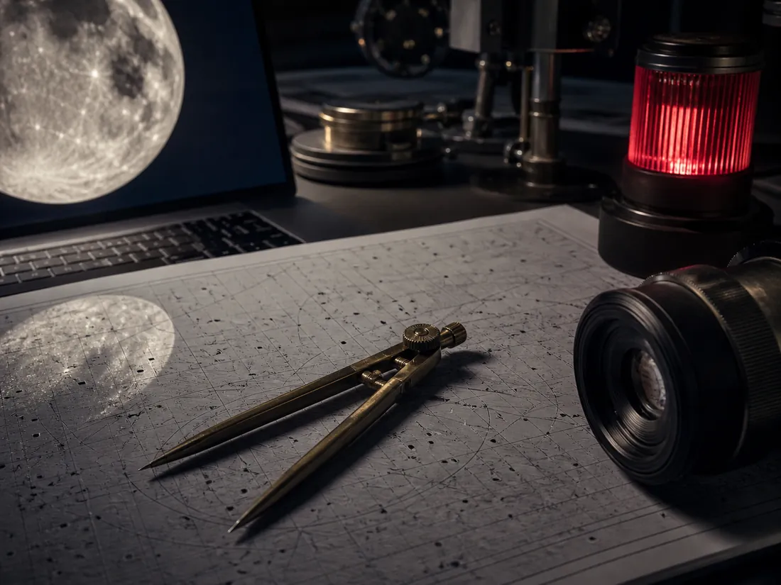 Photorealistic illustration of an astronomy calculation workspace with optical equipment and an abstract ephemeris sheet
