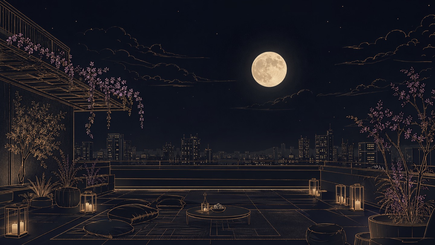 Illustrated moonlit Delhi terrace representing SomRatri's overnight atmosphere
